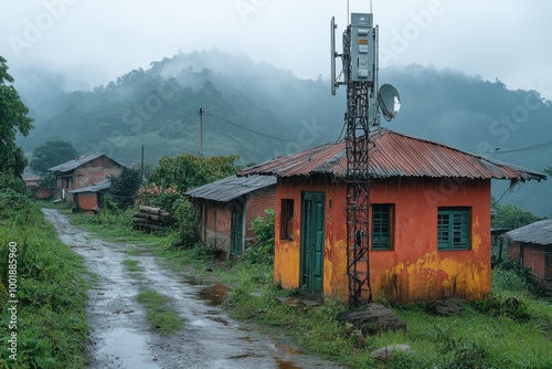 Rustic Village Scene with Vibrant House and Tower in Misty Mountains photo