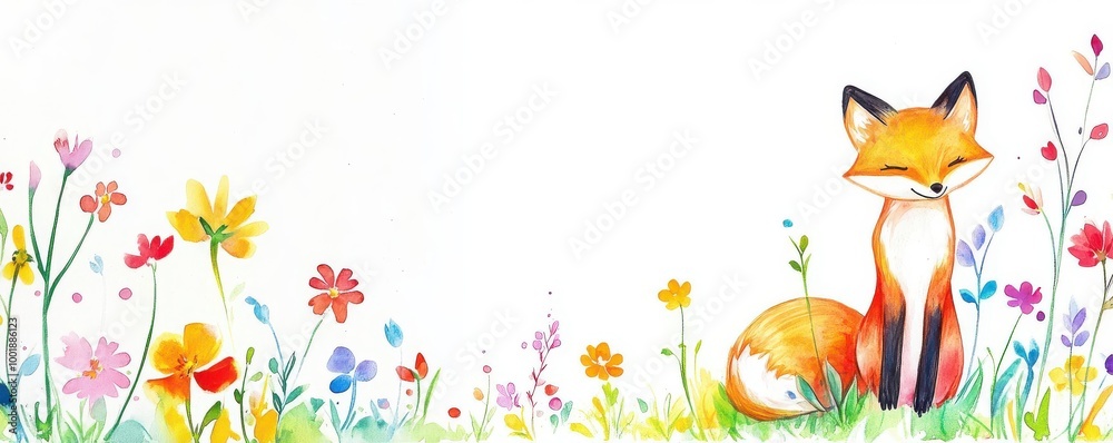 Playful fox in a meadow, vibrant flowers surrounding, Watercolor style Playful fox in a meadow, vibrant flowers surrounding, Watercolor style