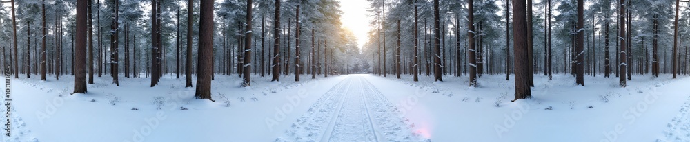 360 degree, snow covered path through forest with trees draped in snow. HDRI spherical panorama. 360 degree, snow covered path through forest with trees draped in snow. HDRI spherical panorama.