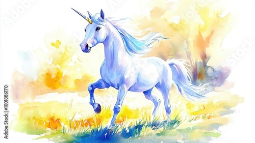 Charming unicorn prancing through a sunlit meadow, Watercolor style
