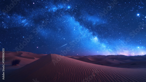 stunning desert landscape beneath meteor shower, showcasing sand dunes illuminated by night sky filled with stars and vibrant Milky Way. scene evokes sense of wonder and tranquility