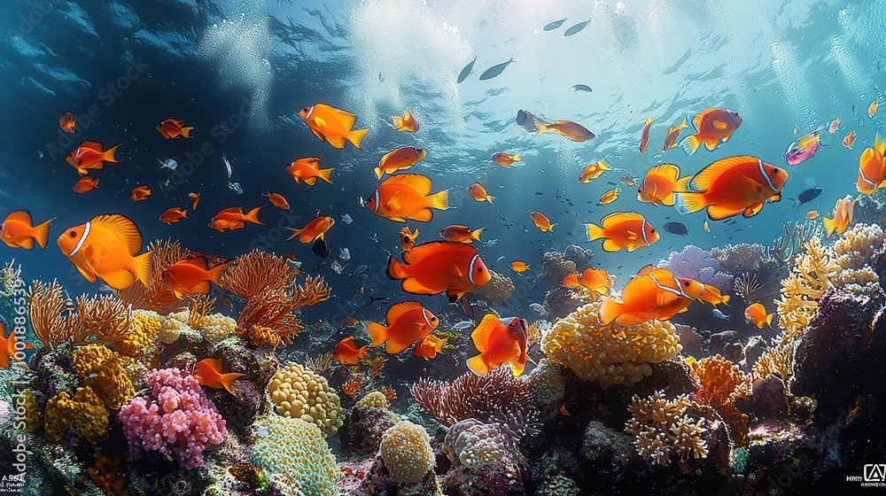 Naklejka premium Vibrant Underwater Scene with Colorful Tropical Fish