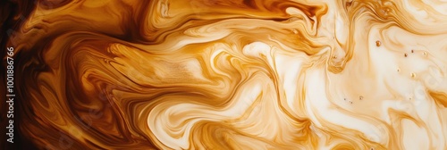 Swirling coffee blends beautifully with milk creating an abstract pattern in a warm-toned background. Generative AI