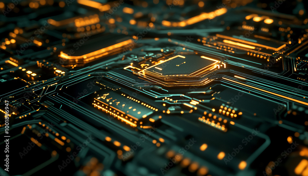 A close-up of a futuristic circuit board with glowing lines and components, evoking high-tech and digital precision A close-up of a futuristic circuit board with glowing lines and components, evoking high-tech and digital precision