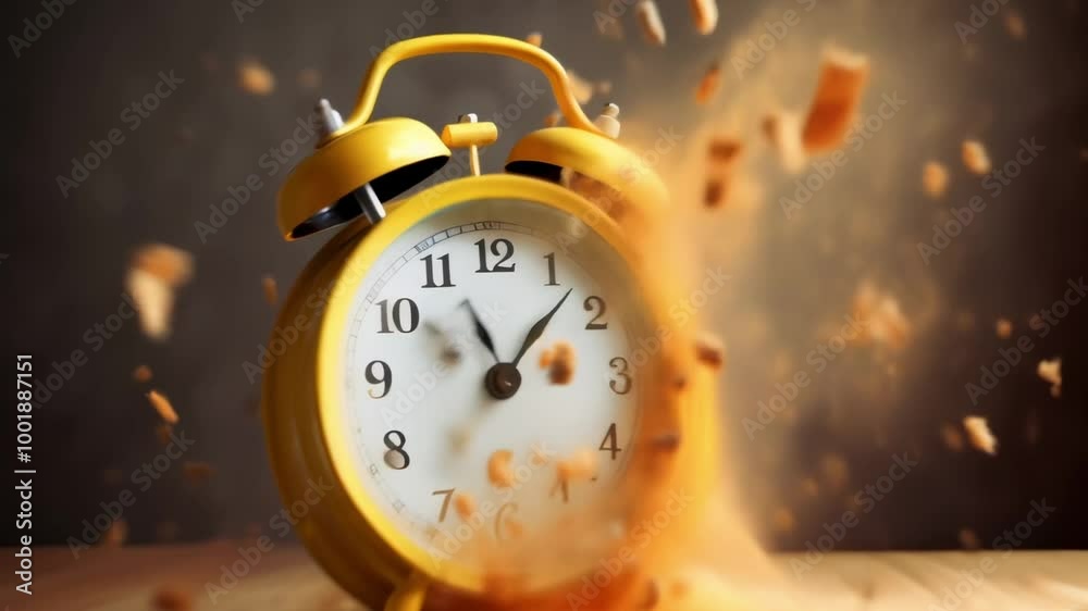 Yellow alarm clock is covered in orange powder exploding around it. The clock is on a wooden table with a dark background Yellow alarm clock is covered in orange powder exploding around it. The clock is on a wooden table with a dark background