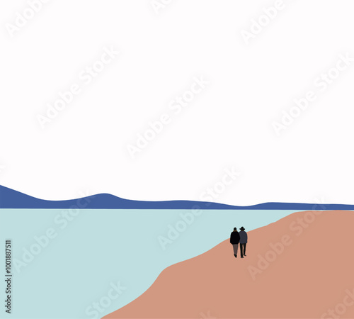 Men in black cloth walking on sandy beach enjoying warm tropical sea breath. Relaxing peace on vacation. Minimal design.