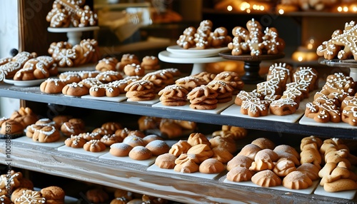 Charming bakery showcase filled with beautifully crafted gingerbread cookies and pastries, inviting patrons to savor delightful homemade confections in a warm atmosphere.