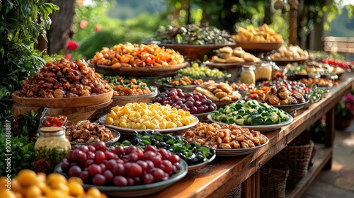 A vibrant outdoor market display featuring a variety of colorful fruits and vegetables during a sunny afternoon gathering