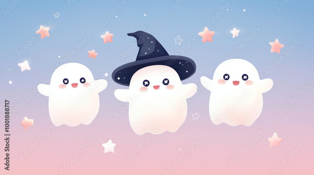 Obraz premium Whimsical Halloween Ghost Characters in Witch Hats Soaring Among Starry Night Sky - High Resolution 8K Illustration for Kids' Pattern Designs