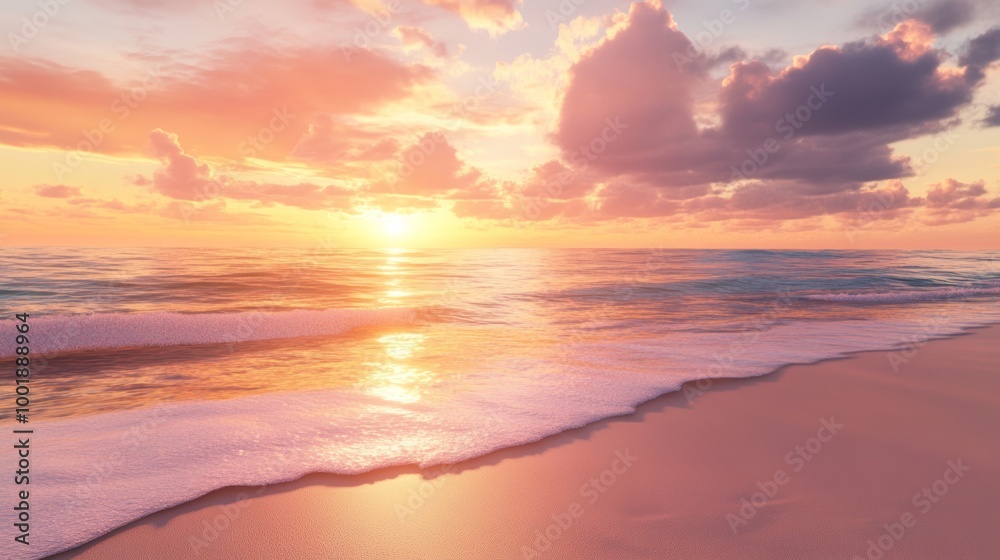 Fototapeta premium A quiet beach at golden hour, the sky glowing with warm orange and pink hues