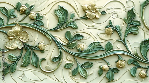 Delicate floral motifs with green leaves and white flowers weave an intricate wallpaper background.