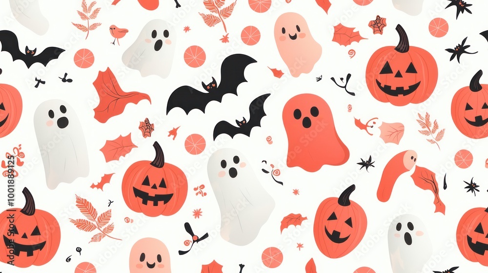 Fototapeta premium Spooky Fun - Seamless Halloween Pattern with Cute Ghosts and Jack-O'-Lanterns for Kids in High Resolution 8K Background