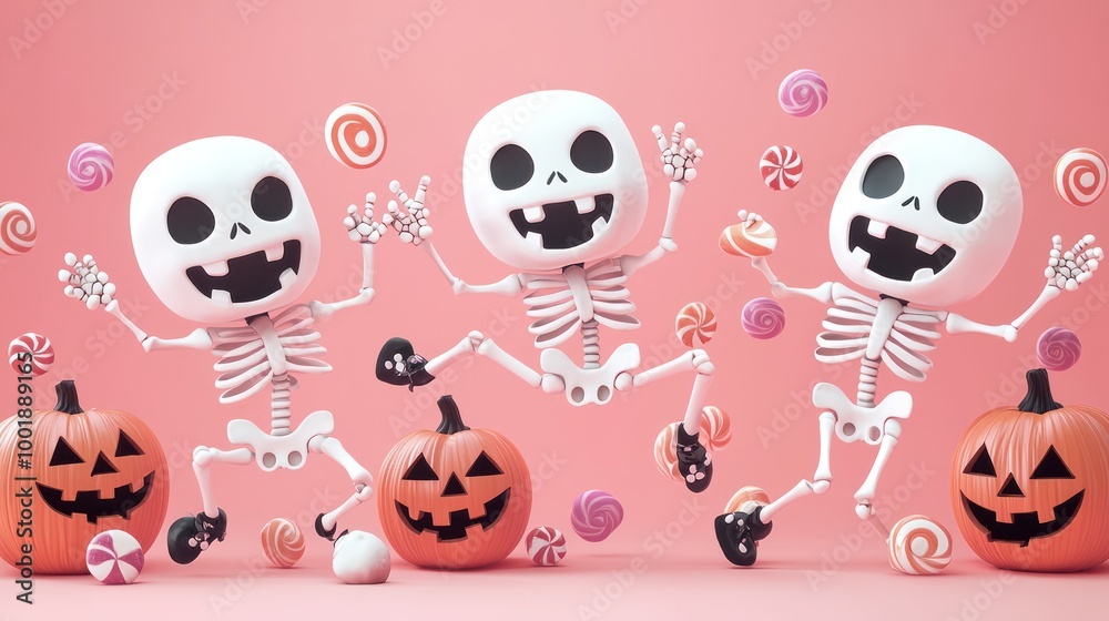 Fototapeta premium Spooky Halloween Fun: Playful Skeletons and Witches Dancing with Pumpkins and Candy in Seamless 8K Resolution for Kids