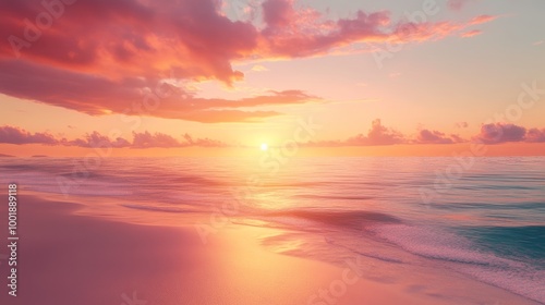 A quiet beach at sunset, the sky glowing with orange and purple