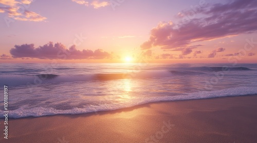 A quiet beach at sunset, the sky glowing with orange and pink