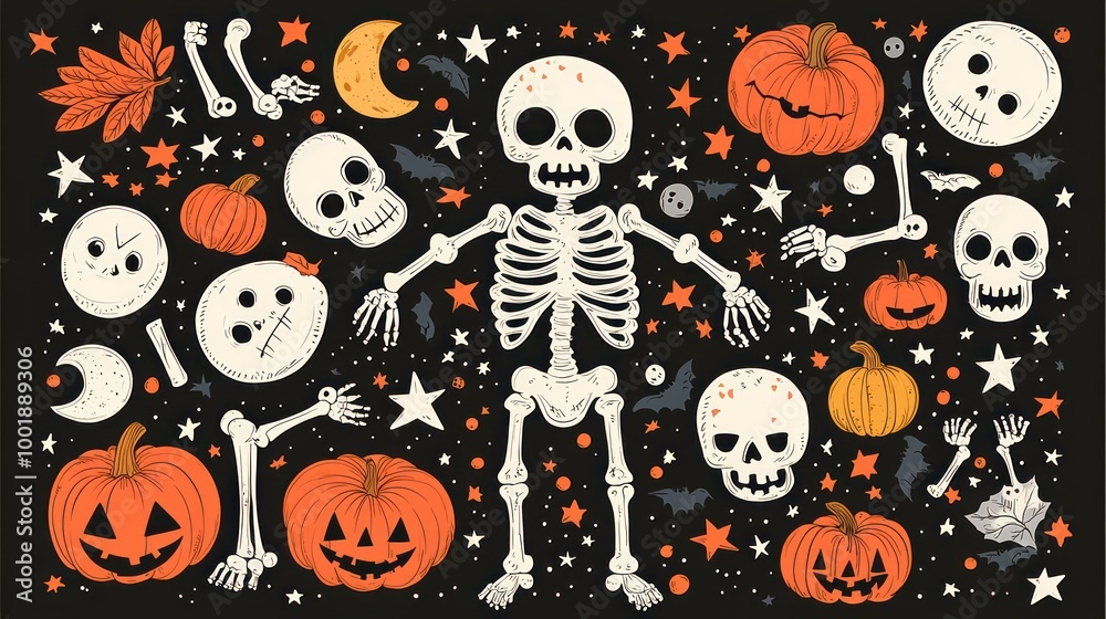 Spooky Fun: Playful Skeletons and Pumpkins with Stars and Moons in Halloween Night Sky Pattern - High Resolution 8K Image for Kids Spooky Fun: Playful Skeletons and Pumpkins with Stars and Moons in Halloween Night Sky Pattern - High Resolution 8K Image for Kids
