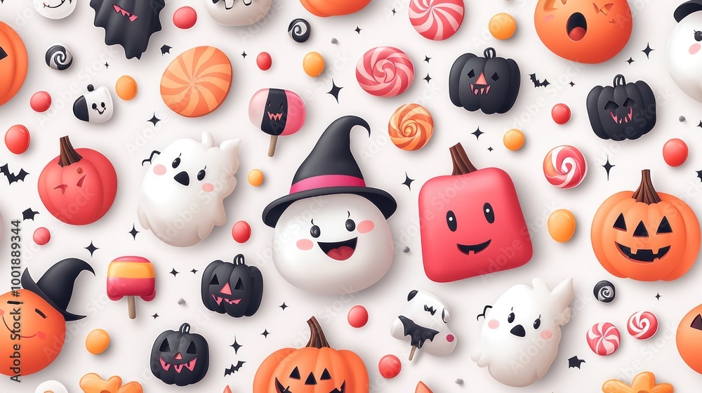 Playful Halloween Monsters Seamless Pattern for Kids in High Resolution 8K - Featuring Cute Smiling Creatures, Candy, and Witches' Brooms Playful Halloween Monsters Seamless Pattern for Kids in High Resolution 8K - Featuring Cute Smiling Creatures, Candy, and Witches' Brooms