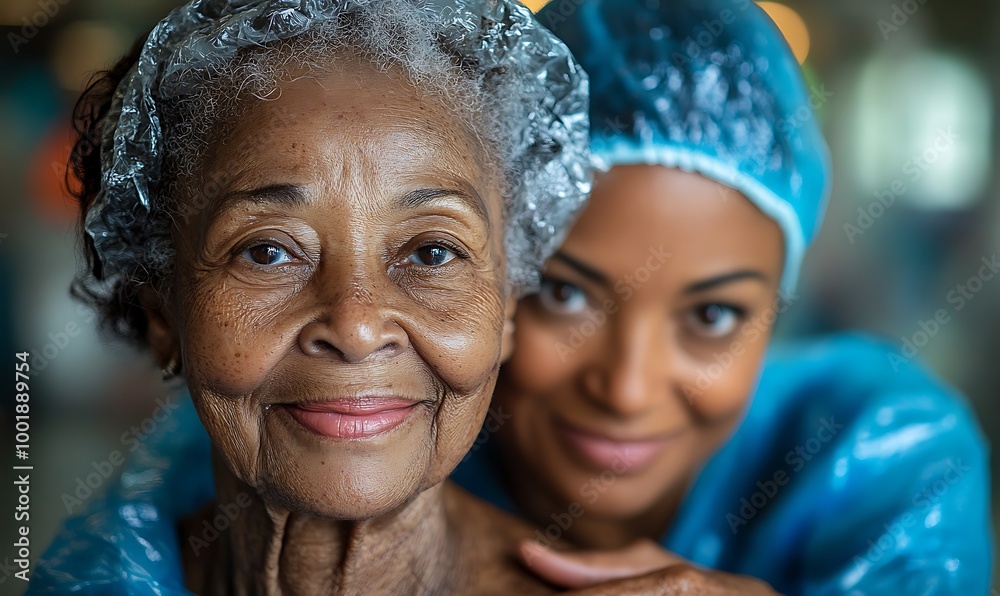 Happy senior black woman in a nursing home. Smiling old african american female pensioner being cared for by a nurse in a hospice for elderly Happy senior black woman in a nursing home. Smiling old african american female pensioner being cared for by a nurse in a hospice for elderly