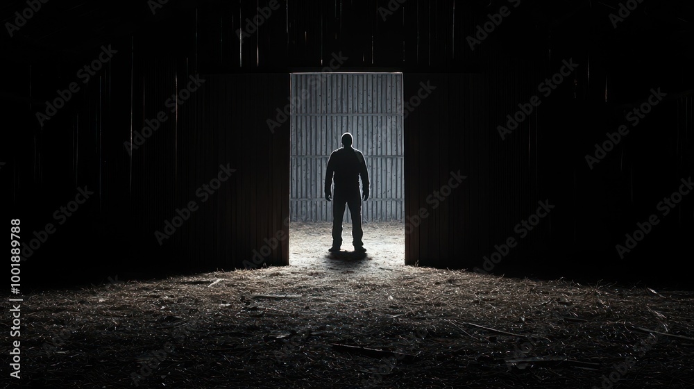 Eerie Shadowy Figure in Moonlit Abandoned Barn - Spooky Halloween Scene with Creepy Atmosphere