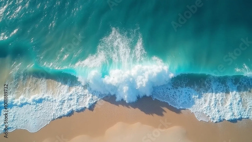 Top view on sea wave with white foam and light beige sand, widescreen 16:9, 300 dpi, with free space for text