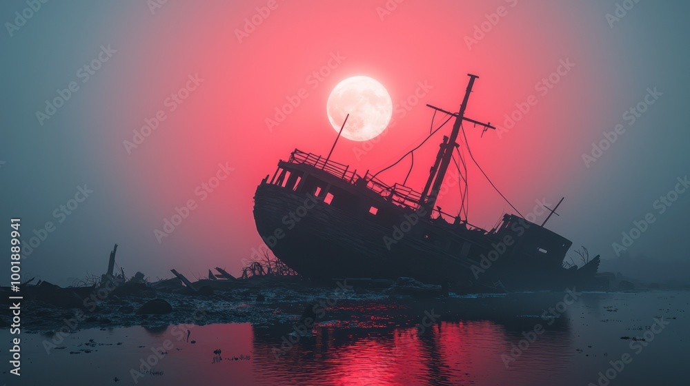 Haunting Abandoned Shipwreck on Misty Shore under Blood Moon - Perfect for Halloween Scenes Haunting Abandoned Shipwreck on Misty Shore under Blood Moon - Perfect for Halloween Scenes