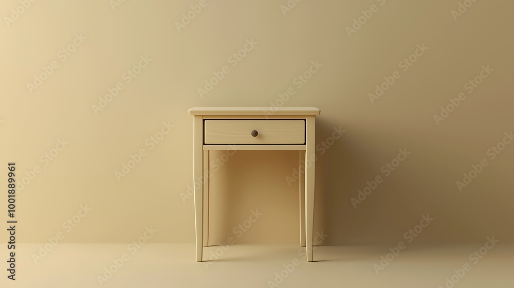 A wooden nightstand with a single drawer, resting against a beige wall for a rustic touch. A wooden nightstand with a single drawer, resting against a beige wall for a rustic touch.
