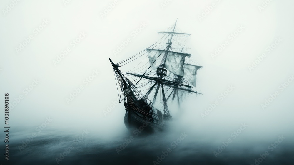 Obraz premium Ghostly Haunted Ship Emerging from the Fog on Halloween Night
