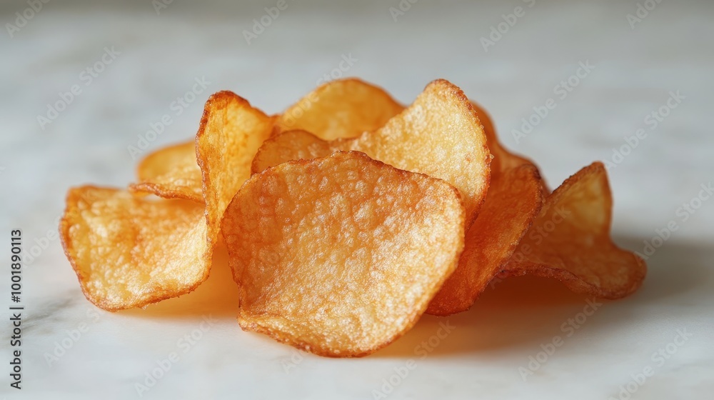 Perfectly crisp, thin-cut potato chips lying flat on a white surface, highlighted ridges with a golden-brown finish, creating a light and clean snack aesthetic Perfectly crisp, thin-cut potato chips lying flat on a white surface, highlighted ridges with a golden-brown finish, creating a light and clean snack aesthetic