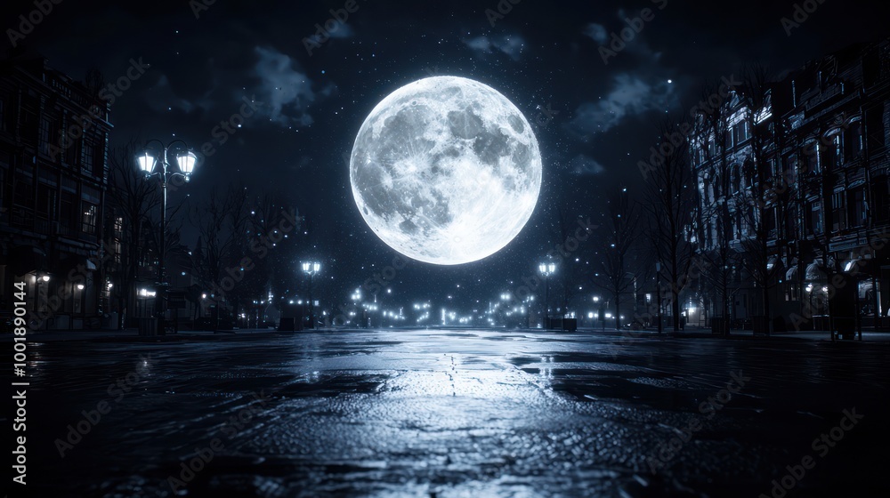 Eerie Full Moon Casting Shadows on Abandoned Town Square with Solitary Streetlamp at Halloween Night Eerie Full Moon Casting Shadows on Abandoned Town Square with Solitary Streetlamp at Halloween Night