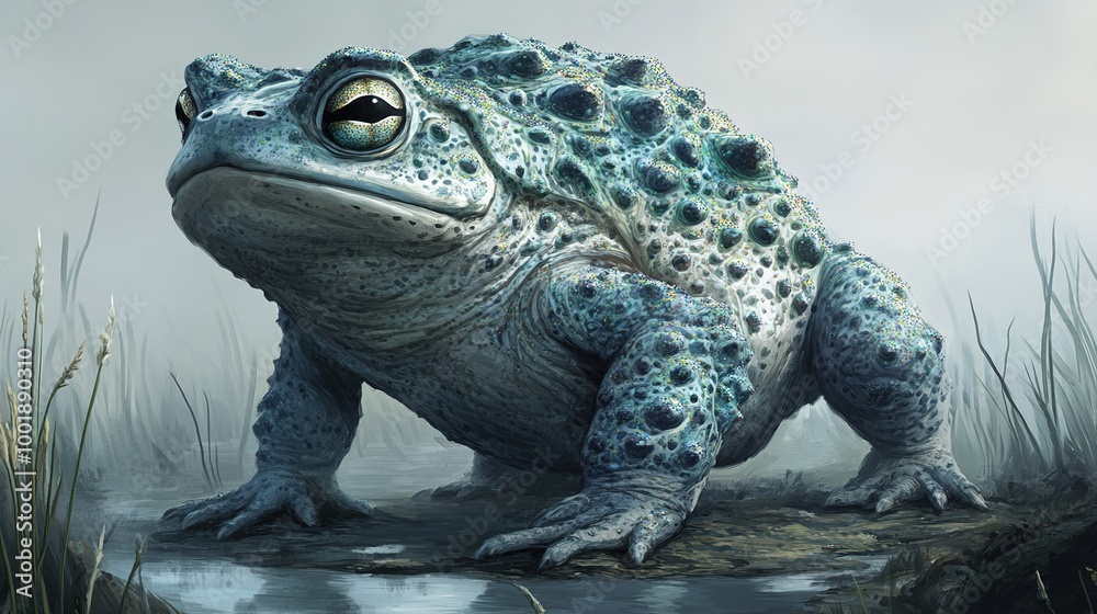An ethereal and mystical toad surrounded by a cosmic backdrop filled with numerous dots and stars, creating a dreamlike atmosphere. The toad, ultra-detailed in its texture and colors, showcases An ethereal and mystical toad surrounded by a cosmic backdrop filled with numerous dots and stars, creating a dreamlike atmosphere. The toad, ultra-detailed in its texture and colors, showcases
