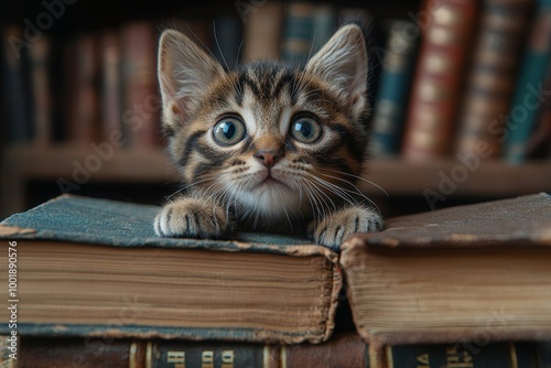 Cute Cat Curiously Peering Over Old Books