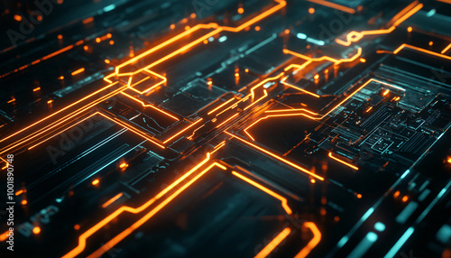 A close-up of a futuristic circuit board with glowing lines and components, evoking high-tech and digital precision