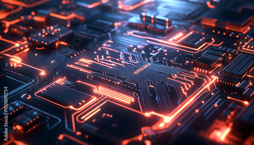 A close-up of a futuristic circuit board with glowing lines and components, evoking high-tech and digital precision