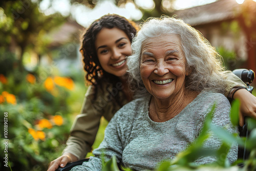 Happy nurse caring for elderly woman in a wheelchair. Young female pushing senior retirement nursing home patient in a wheelchair outdoors in a garden