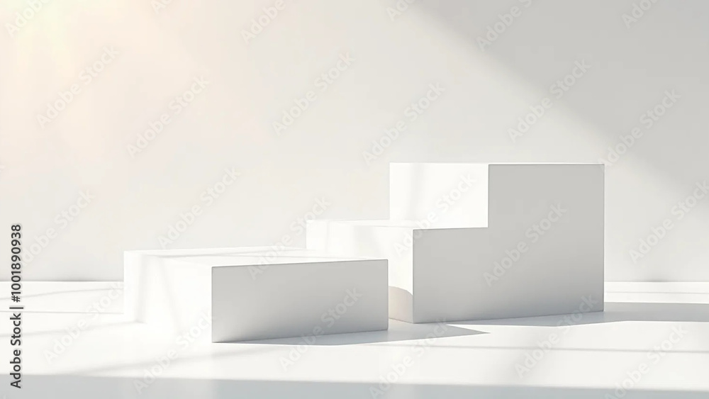 White square podiums in sunlight with shadow in white space, widescreen 16:9, 300 dpi, with free space for text White square podiums in sunlight with shadow in white space, widescreen 16:9, 300 dpi, with free space for text
