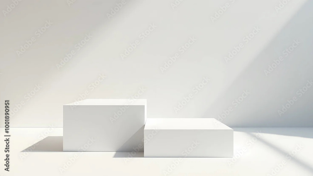 White square podiums in sunlight with shadow in white space, widescreen 16:9, 300 dpi, with free space for text White square podiums in sunlight with shadow in white space, widescreen 16:9, 300 dpi, with free space for text