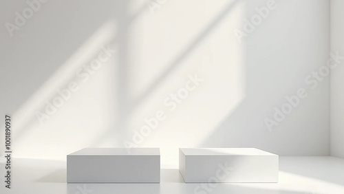 White square podiums in sunlight with shadow in white space, widescreen 16:9, 300 dpi, with free space for text