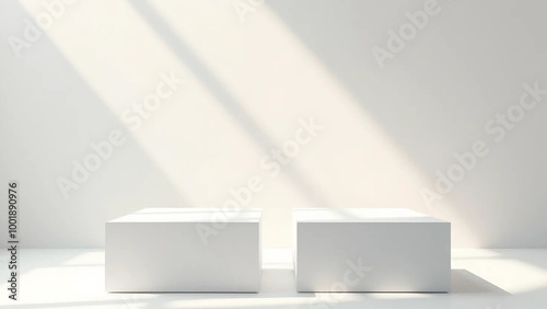 White square podiums in sunlight with shadow in white space, widescreen 16:9, 300 dpi, with free space for text