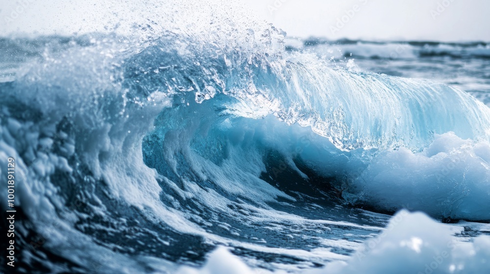 A close-up of a wave crashing against an ice-covered shore, with the icy rocks creating a stark contrast with the deep blue water A close-up of a wave crashing against an ice-covered shore, with the icy rocks creating a stark contrast with the deep blue water