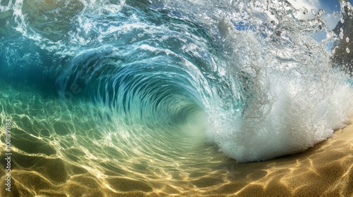 A close-up of a wave crashing in shallow water, with the sandy bottom visible through the clear water photo