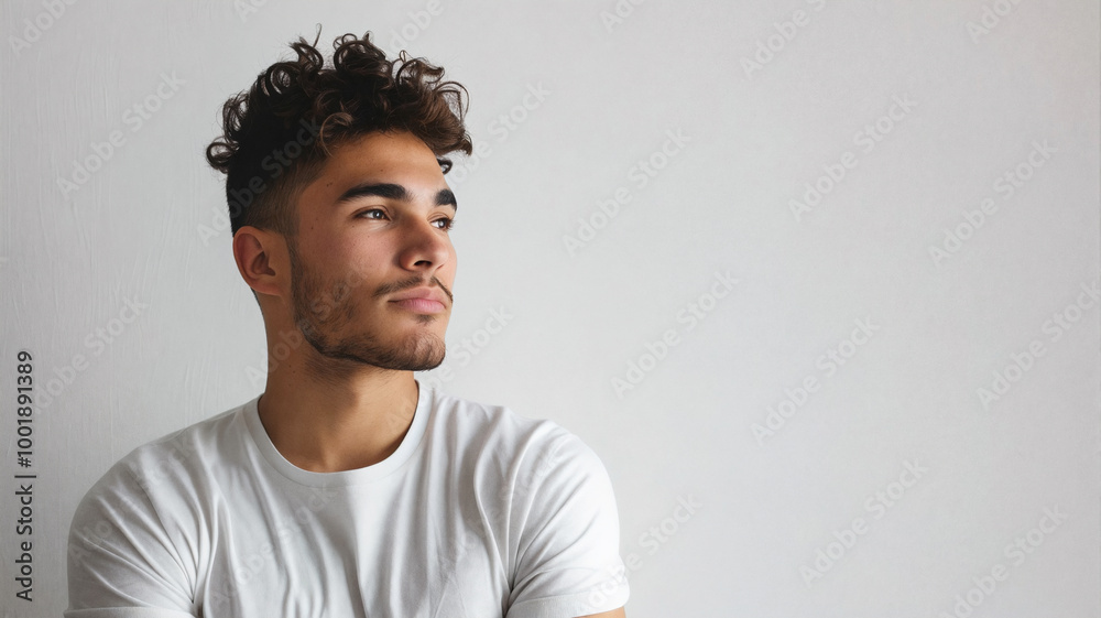 Young man in a white t-shirt standing against a plain background, looking thoughtfully to the side with a calm and relaxed expression Young man in a white t-shirt standing against a plain background, looking thoughtfully to the side with a calm and relaxed expression