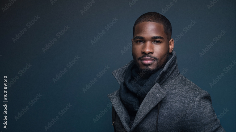 Young man with a confident expression wearing a stylish coat and scarf against a dark blue background Young man with a confident expression wearing a stylish coat and scarf against a dark blue background