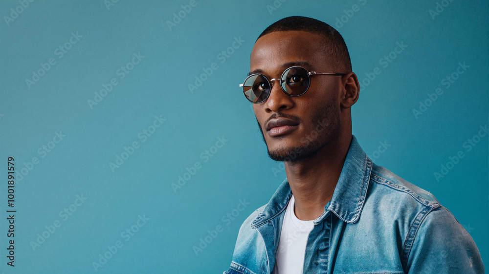 Fototapeta premium Young man wearing round sunglasses and a denim jacket against a blue background