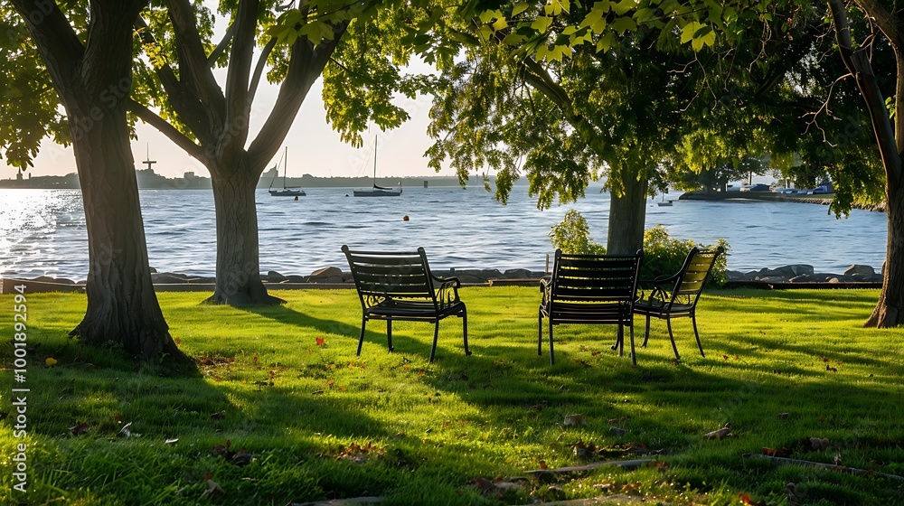 3 chairs in a park by the harbor 3 chairs in a park by the harbor