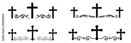 Christian cross with decorative ornamental frames vintage or Victorian and scroll elements. Classic floral swirls, swashes and dividers.
