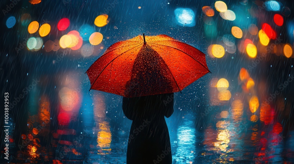 Umbrella in the Rain with Colorful City Lights Umbrella in the Rain with Colorful City Lights