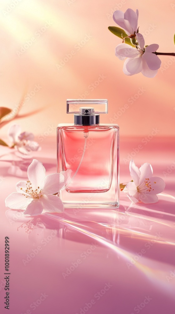 The product photography is a pink perfume with a gradient light pink background and jasmine flowers. product perfume with a silk background The product photography is a pink perfume with a gradient light pink background and jasmine flowers. product perfume with a silk background