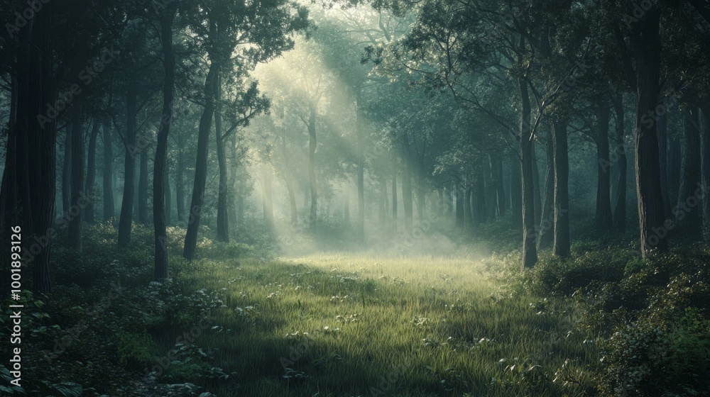Obraz premium A dense forest at dawn, covered in mist