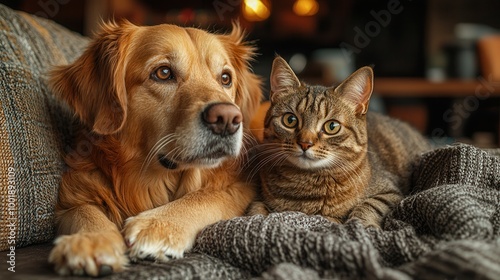 Dog and Cat Cuddle Together on Cozy Blanket