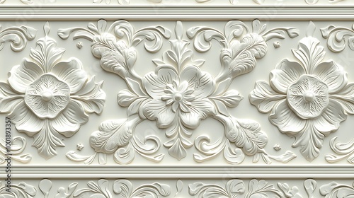 Fototapeta Naklejka Na Ścianę i Meble -  A 3D white floral ornament, an elegant decorative panel featuring classic wall details.
